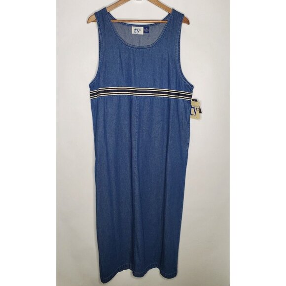Origianl TY2 Womens Vintage Blue Denim Jumper Dress Size 16 Pockets Maxi Modest - Picture 1 of 10